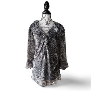 Black Paisley Ruffle Front Tunic Top Bell Sleeves Goth Witchy Mesh Sheer